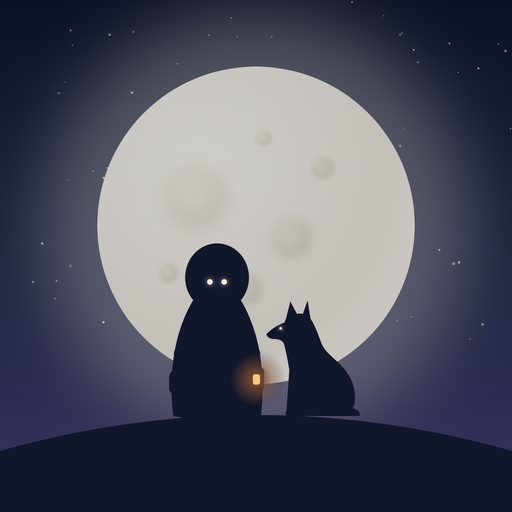 The Wayfarer and a sitting wolf, small silhouettes before a full moon.
