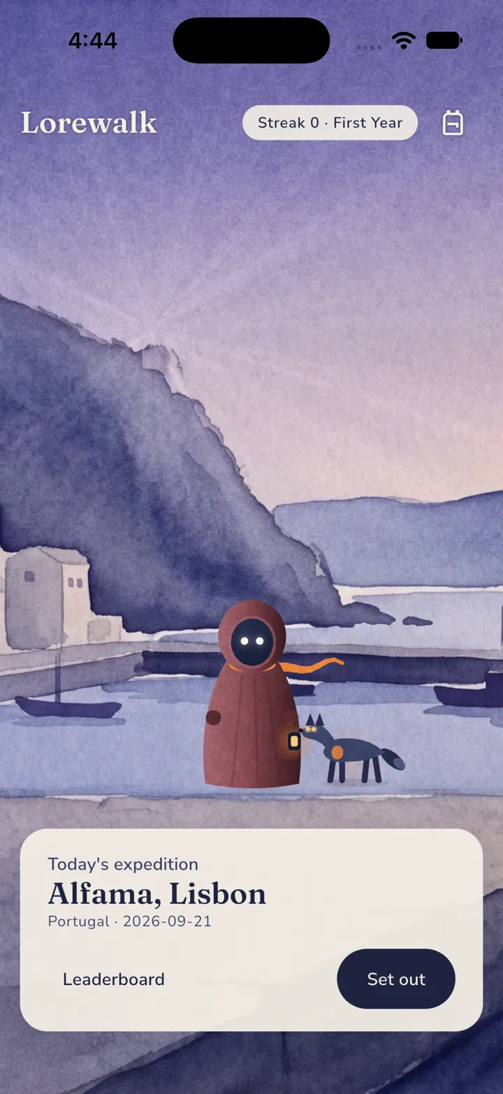 Lorewalk on a phone: a hooded traveller and a wolf on a painted harbour quay at dusk, with today's expedition card