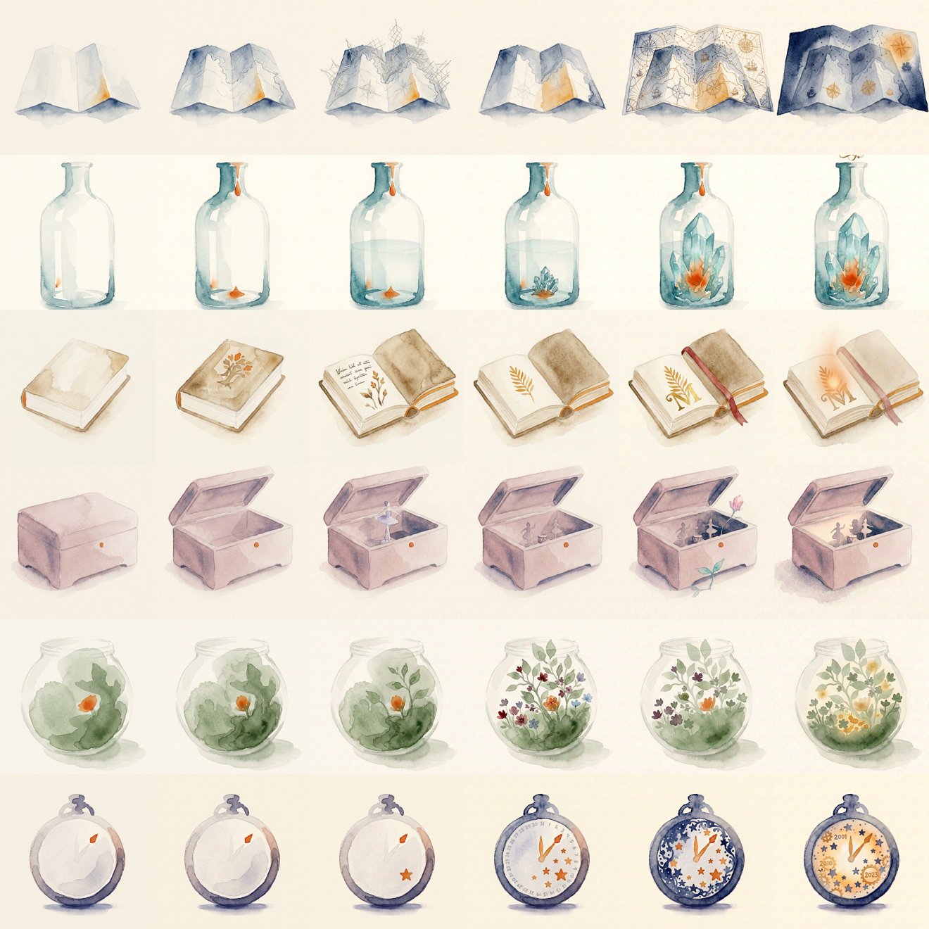 All six satchel objects across their six growth stages, painted in watercolour